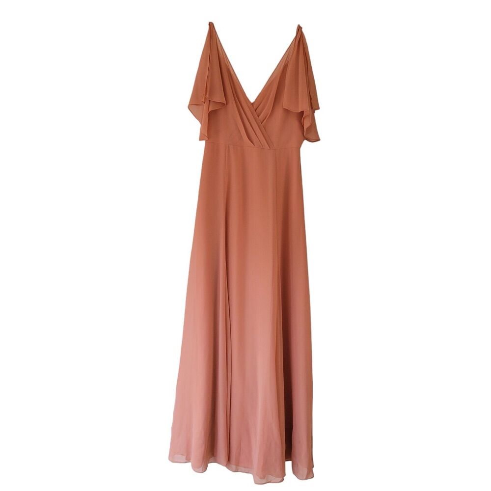 Jenny Yoo Collection Formal Gown SZ 4 Neutrals Pink Peach Flutter Sleeve V-Neck